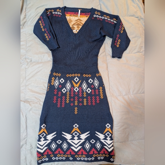 Free People Dresses & Skirts - Free People Sweater Dress Made in Italy Geometric V-Neck Aztec Native American